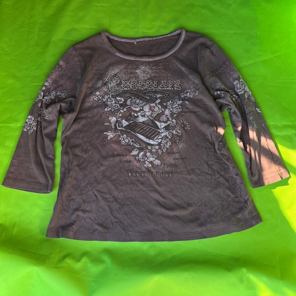 Large Y2K Womens Brown Chocolate Rhinestone Long Sleeve Top Love Paris Graphic - Picture 5 of 5